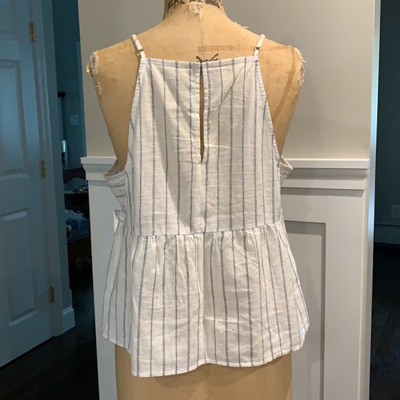 BCBG- Linen top, white with blue stripes & design- size L - Picture 3 of 4
